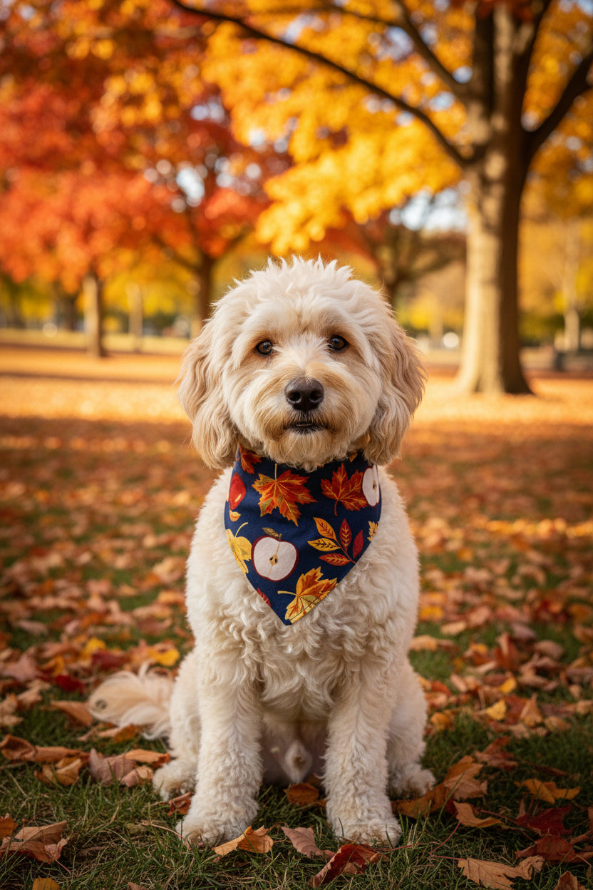 A triangular fabric pet bandana featuring an autumn pattern of red and yellow maple leaves and apple illustrations on a dark navy blue background, displayed against a plain white background.