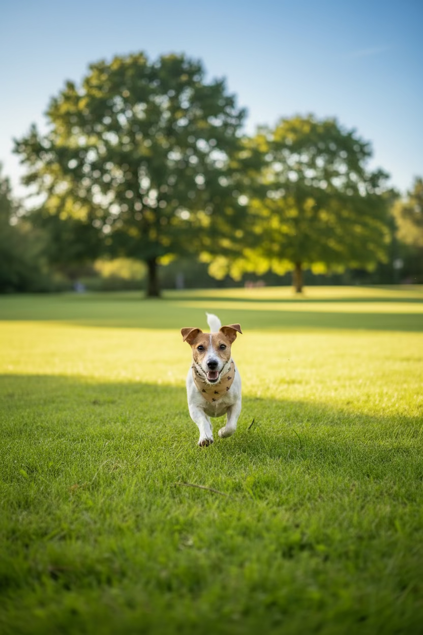 golden tan fabric bandana with navy bee pattern on dog running through the grass